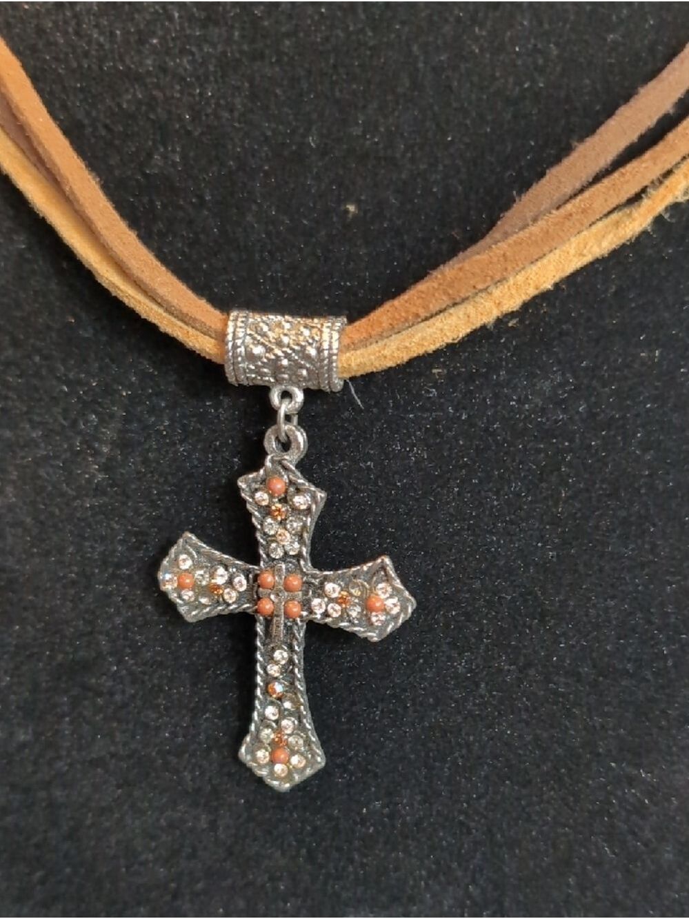 Suede Multi-Strand Necklace with Ornate Cross Pendant - Tan